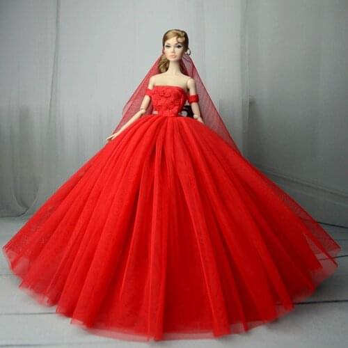 Red Wedding Dress for Barbie Dolls Princess Evening Party Gown Clothes Wears Long Dress Outfits With Veil 1/6 Doll Accessories