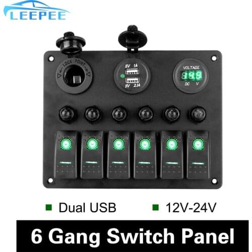12V/24V Dual USB Ports 6 Gang Rocker Switch Panel Digital Voltmeter DC Car Marine Boat Circuit LED Breaker Aluminum Panel
