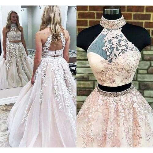 Two Pieces High Neck 2019 backless Prom Dresses Lace Appliques Beaded Illusion Graduation Party Gown vestidos de gala prom dress