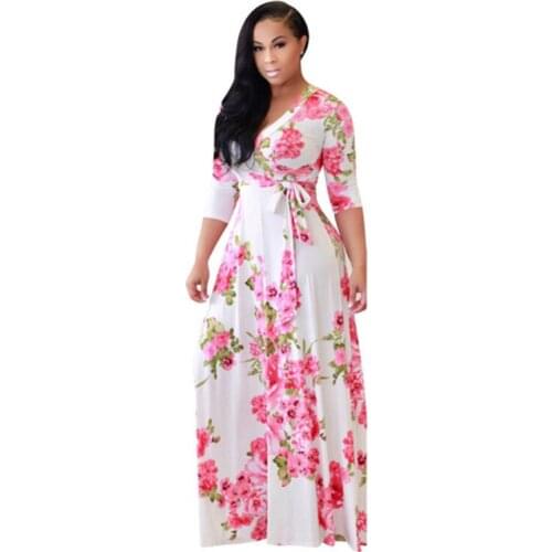 Dress Women White Yellow Print S-5XL Plus Size 2021 Spring Summer New Fashion V Neck Slim Belt Maxi Dress Vestido Feminina JD961