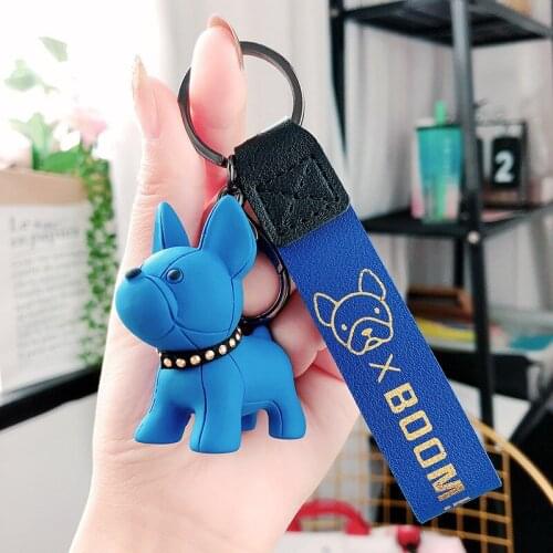 Bulldog Pendant Keychains Fahsion Dog Leather Silicone Strap Keychain for Women Bag Car Key Ring Lobster Clasp Key Chain Jewelry