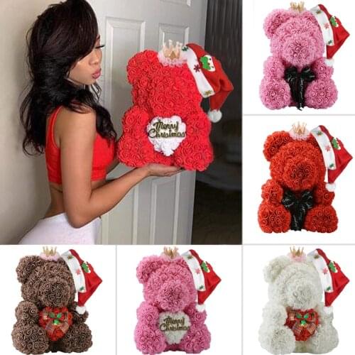 Christmas Gift for Kids&women Artificial PE Rose Teddy Bear of Roses with Crown Valentines Day Wedding Love Xmas Gifts for Girl