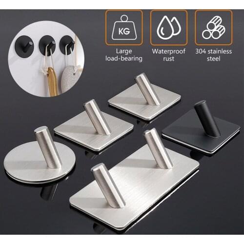 Self Adhesive Wall Door Clothes Key Holder Towel Hanger Hook Stainless Steel Utensil Clothes Bags Kitchen Bathroom Toilet Hooks