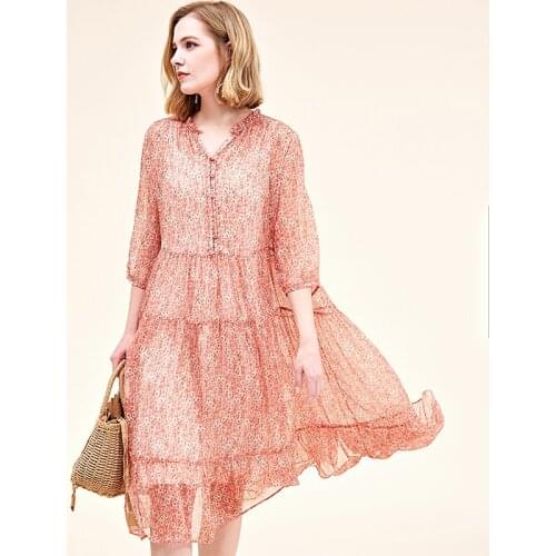 Silk Dress Medium Length Pullover Medium Sleeve Floral Silk dress