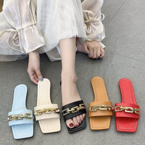 2021 Luxury Women Summer Slipper Square Toe Chain Slippers Slip on Flat Slides Sandals Beach Flip Flops Casual Shoes Women Mujer