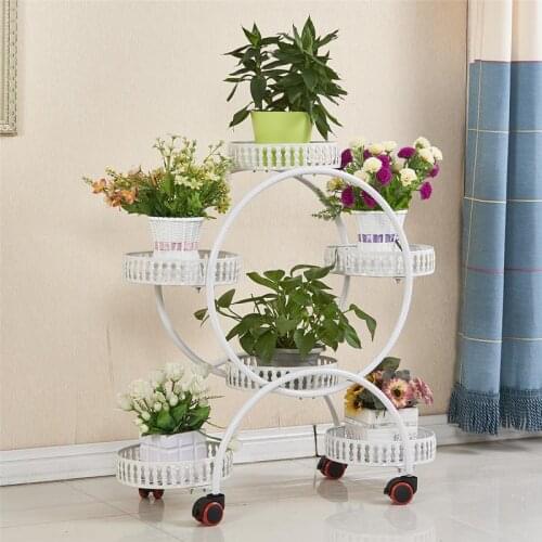 Household flower racks wrought iron multi-layer wheeled floor-standing green flower pot rack living room balcony flower shelf
