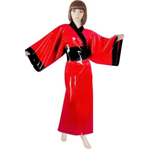 100% handmade traditional kimono womens red latex sleepwear with black trims decorations