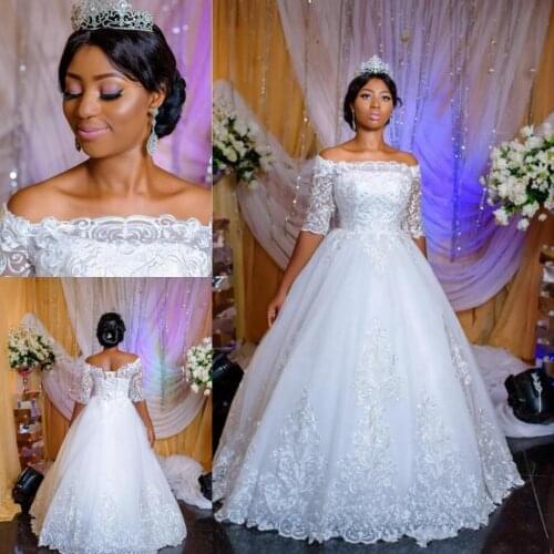 Nigerian A-line Wedding Dresses Sheer Neck Half Sleeves Backless Sweep Train Lace Up Back Wedding Bridal Gowns Custom