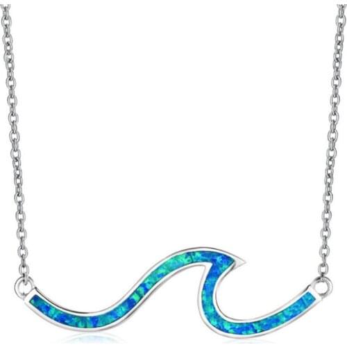 Trendy Silver Plated Blue Opalite Opal Pendant Link Chain Necklace Wave Shape Fashion Jewelry