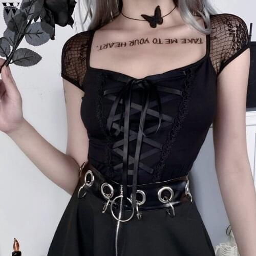 Vintage Tops Sexy Street Tshirt Women Lace Patchwork Square Collar Short Sleeve Clothes Gothic Punk Lace Slim Dark Top Tee Femme