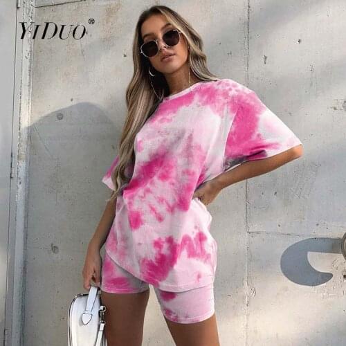 YiDuo Casual Solid Womens Two Piece Suit 2020 Sports Suit Tie Dye Printing Round Neck Loose Running Tights Set Blue Pink Purple