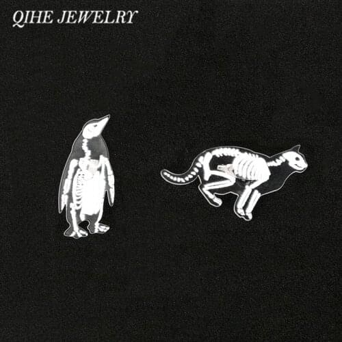 QIHE JEWELRY Acrylic Animal Brooches Skull Skeleton Cat Rabbit Penguin Pig Mouse Rib White Transparent Badges Halloween Jewelry