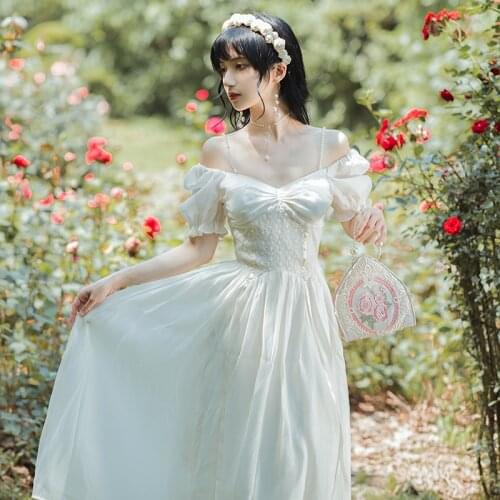 Summer White Fairy Dress Women Cottage Vintage Beading Slash Neck Puff Sleeve Long Design Princess Dresses Party Vestido Branco