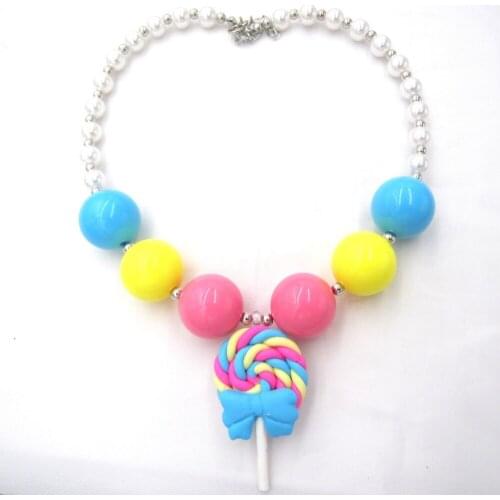 14Models Girls Blue Bow Lollypop Charm Necklaces Baby Infant Festival Gift Toddler Girl DIY Beaded Strand Necklace Free Shipping
