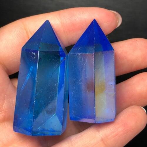 2Pcs Natural electroplate blue small crystal single point pillar, beautiful crafts home decoration