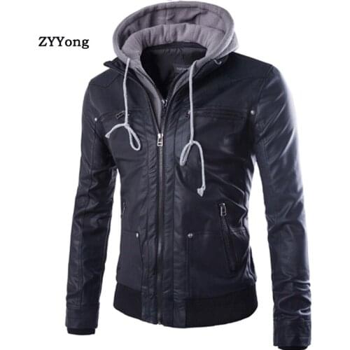 2020 Motorcycle Brand Leather Jackets Fake Men Two Pieces Bomber Leather Jacket Mens Slim Fit Hooded Black Jacket Winter