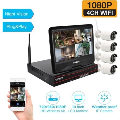 4CH 1080P Wireless NVR Kit 10 inch LCD Monitor 2.0MP Wifi IP Camera P2P CCTV Camera Video Home Security System Surveillance Set