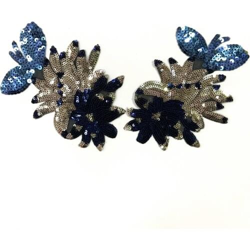 Blue flower applique sequins patches embroidered fabric patches for clothing decoration accessories iron stickers for clothes