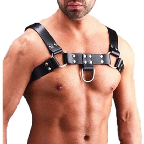 Mens Sexy Black Leather Tanks Flirting Bondage Sexy PU Leather Harness Gay Man Underwear Tops Nightwear Sex Wear
