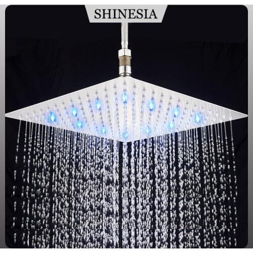 Shinesia Chrome LED Ultra-thin Rainfall Shower Head Stainless Steel 10"12"16" Bathroom Brushed Nickel Black Tap Color Changing
