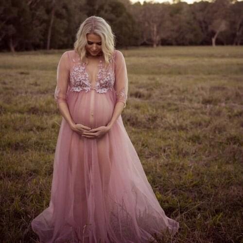 Pink Illusion Tiereds Ruffles Tulle Long Sleeve Plus Size Appliques Kimono Pregnant Party Sleepwear Women Bathrobe Sheer Nightgo