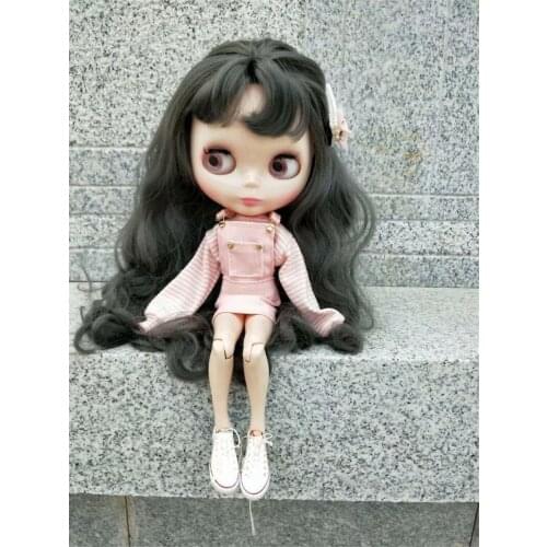 The Blythes doll dress fits into a 1/6 size suit with a new pink and white striped top and super cute pink overalls