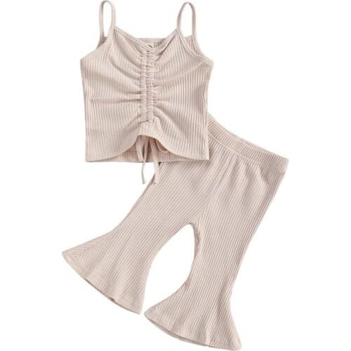 Baby Girls Summer Clothing Drawstring Decoration Camisole Top + Flared Pants Children Girls Holiday Casual Clothing Sets