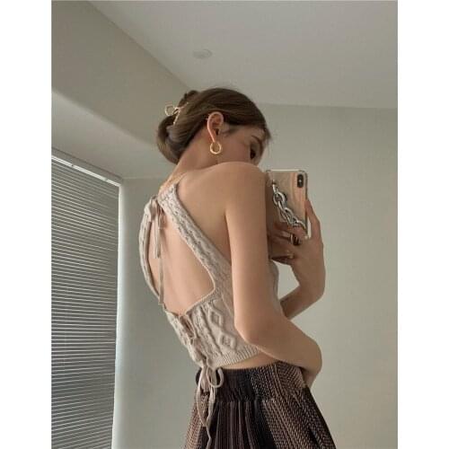 Ins Fashion Knitting Khaki Sling Backless Crop Top Cropped Vest Sexy Female Straight Loose Pants Trousers Suit