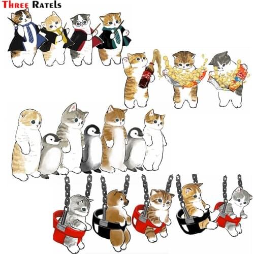Three Ratels F246 Cute Kitty Cats Made By Mofu Sand Playing With Penguins Stickers For Suitcase Laptop Luggage Motorcycle Car
