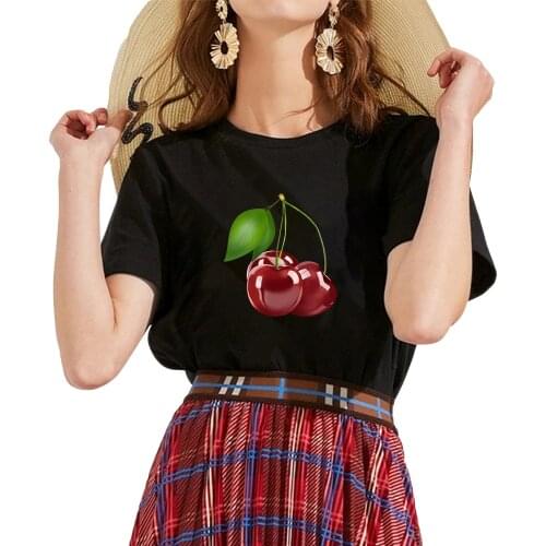 2020 new Funny T Shirt Cherry Printed Women Short Sleeve Harajuku Tumblr T Shirt Fashion Fruit Style Cute Tops Graphic Tee