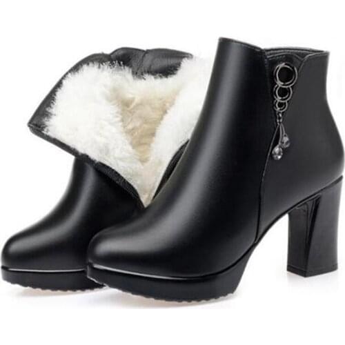 2019 New Winter Women Boots High Heel Boots Thick with Non-slip Ankle Boots Genuine Leather Inside Plush / Wool Warm Snow Boots