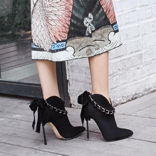 New Bow Pointed Toe Ankle Boots Women Slip On Metal Decoration High Heels Boots Fashion Shoes Women Botas Mujer Sapato Feminine