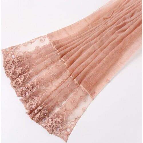 Plain Embroidered Tie-dyed Cotton Scarf Pearl Floral Scarves Shawl Women Muslim Hijab Female Oversize Islamic Turban Foulard 1PC