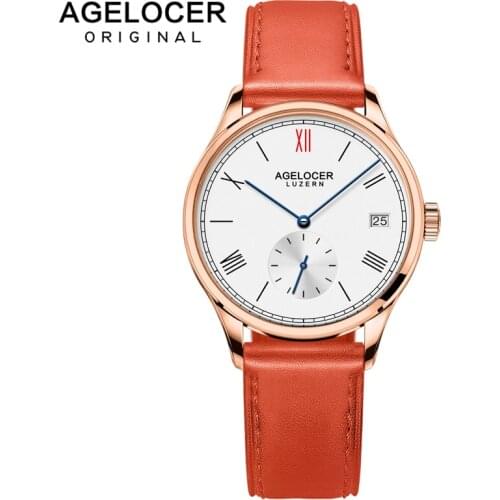 Agelocer Luxury Dress Watch Gold Watch Leather Strap Watch Automatic Day Date Watch 1201D4