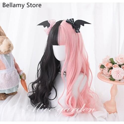 Pink and black color matching Lolitas long curly hair+Wig cap