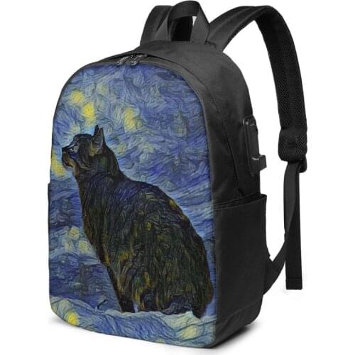School Bag Shambhala Cat In Vincent Van Gogh Impressionist Art Backpack with USB Charging Funny Daypack For Teenager Student