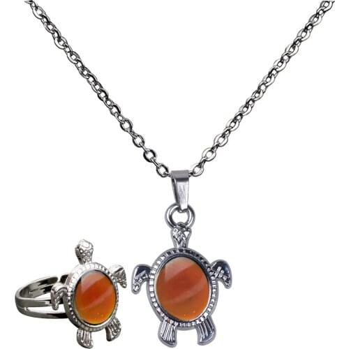 Vintage Multi Color Change Stone Turtle Pendant Mood Necklace 20'' Chain + Turtle Ring - Jewellery Set