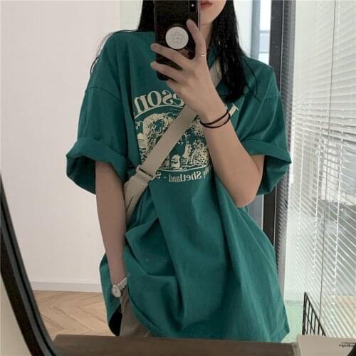 Womens T Shirt Design Niche Green Short Sleeve T Shirt Harajuku Style Female Summer 2021 New Loose Wild Cotton Half-sleeved Top