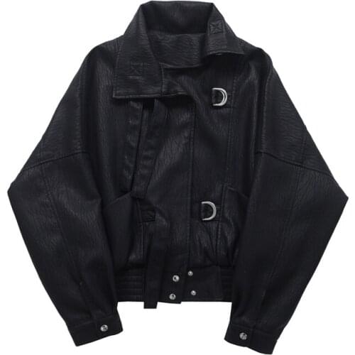 New Autumn Pu Motorcycle Faux Soft Leather Women Jacket Coat Turn-down Collar Long Sleeve Epaule Female Loose Short Jacket