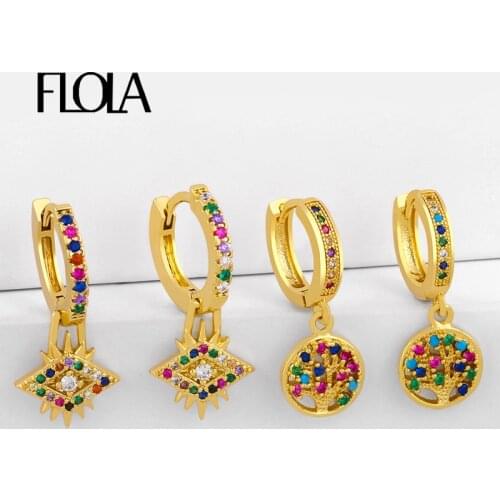 FLOLA CZ Zirconia Evil Eye Earrings For Women Crystal Tree Of Life Drop Earrings Turkish Eye Jewelry pendientes arcoiris erst02