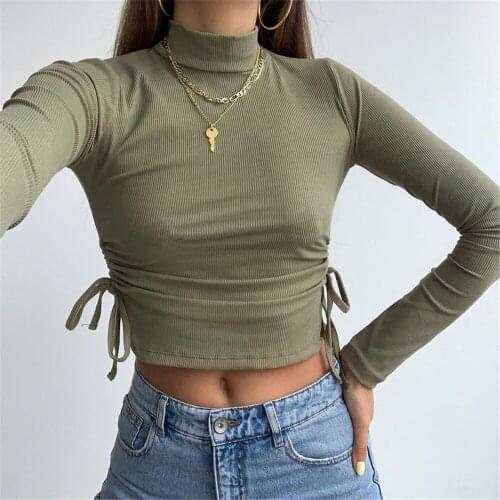 2021 Multicolor Women Fashion Long Sleeve Drawstring Crop Top High Collar Solid Color T-Shirt Ladies Female Spring Clothing
