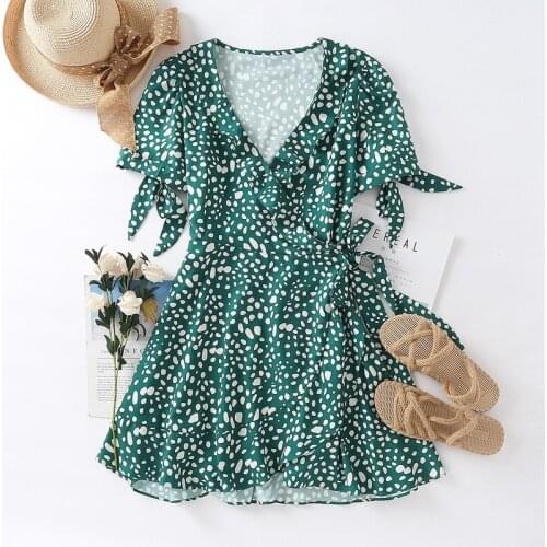 2020 High Quality New Dress Female Boho Beach Vocation Dress Fashion V-neck Short Sleeve Ruffles Splice Asymmetry Ladies Dresses