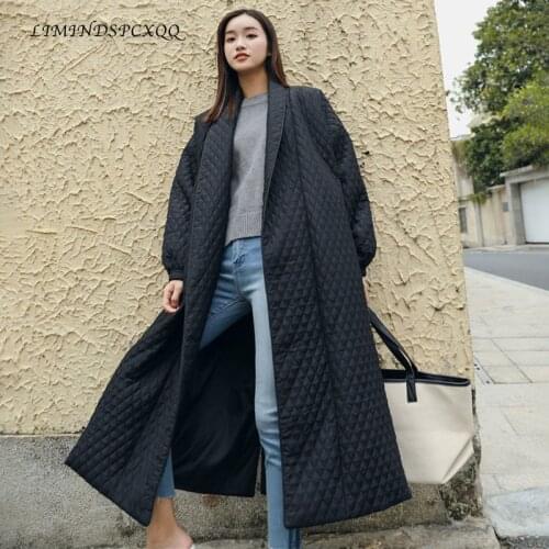 New Street Thin Style Black Oversize Lapel Back Vent Button 2020 Female Long Cotton winter Coat women Jaqueta Feminina