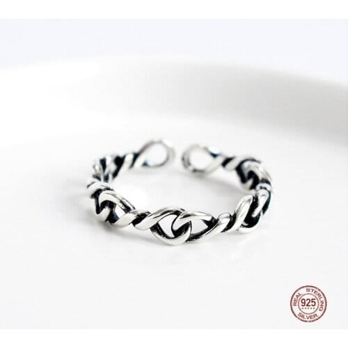 LKO Elegant Temperament Vintage 925 Sterling Silver Chain Open Ring For Women Simple Hollow Weave Adjustable Rings Ornaments