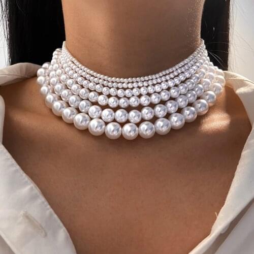 Vintage Elegant White Imitation Pearl Choker Necklace For Women Big Round Pearls Beaded Wedding Necklace Charm Fashion Jewelry