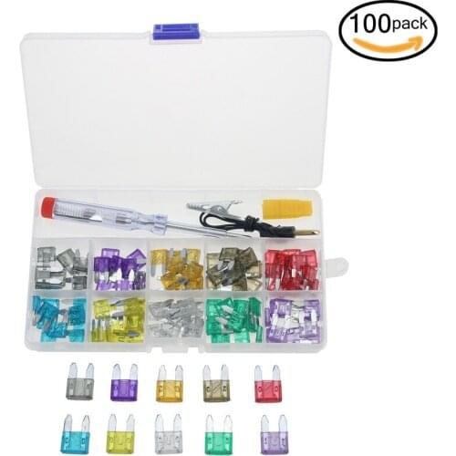 100Pcs Profile Small Size Blade Car Fuse Assortment Set 2A 3A 5A 7.5A 10A 15A 20A 25A 30A 35A Plastic Box Assortment with Clip