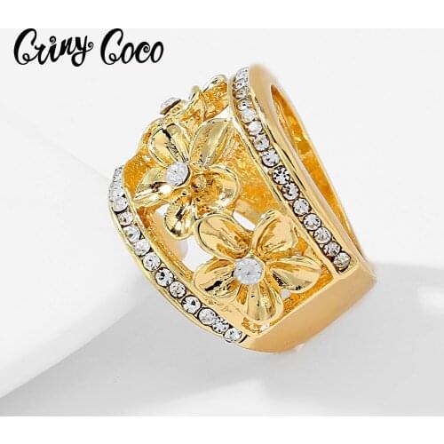 Cring Coco Plumeria Ring Womens New Designer Zircon Crystal Flower Finger Ring Gold Filled Jewelry for Women 2020 Wedding Party