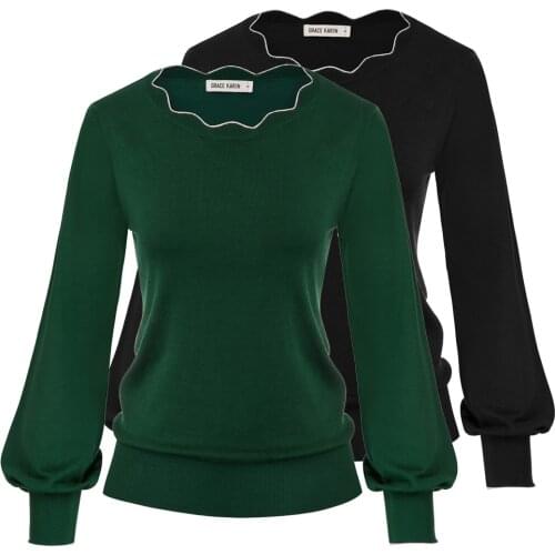 Grace Karin Women Jumper Sweater Clothes Autumn Spring Scalloped Sweater Long Lantern Sleeves Pullover Knitwear Warm Casual New