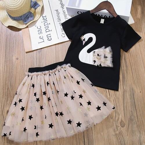Summer Clothes for Girls T Shirt Dress Set 2 Pcs Suit for Girl Cotton Print for Swan Rabbit Cat Birthday Party Dresses Wholesale