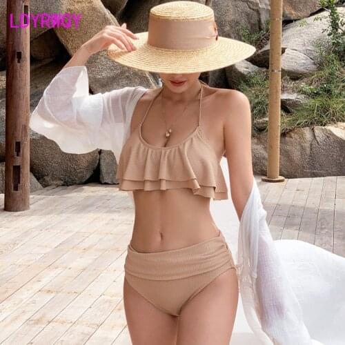 LDYRWQY 2021 Japan and South Korea new sling sexy high waist solid color halter bikini swimsuit two-piece suit